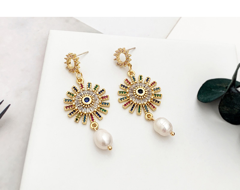 Fashion Gold Copper Inlaid Zircon Natural Pearl Crescent Earrings,Earrings