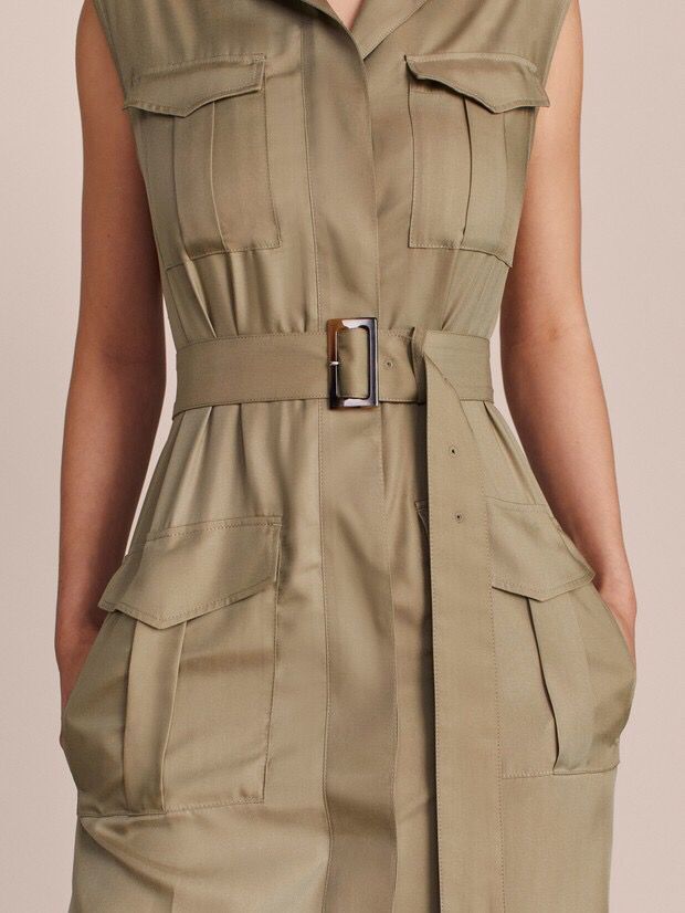 Fashion Armygreen Pocket Sleeveless Vest Suit,Long Dress