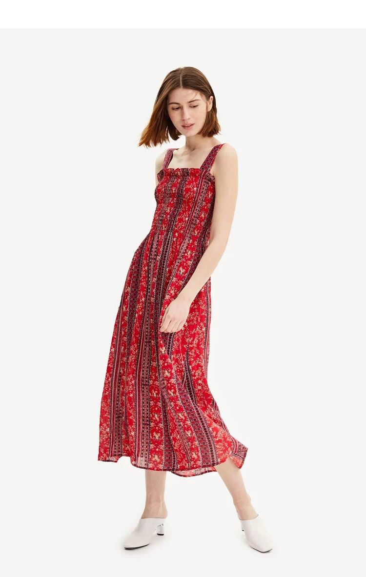 Fashion Red Contrast Printed Strap Dress,Long Dress