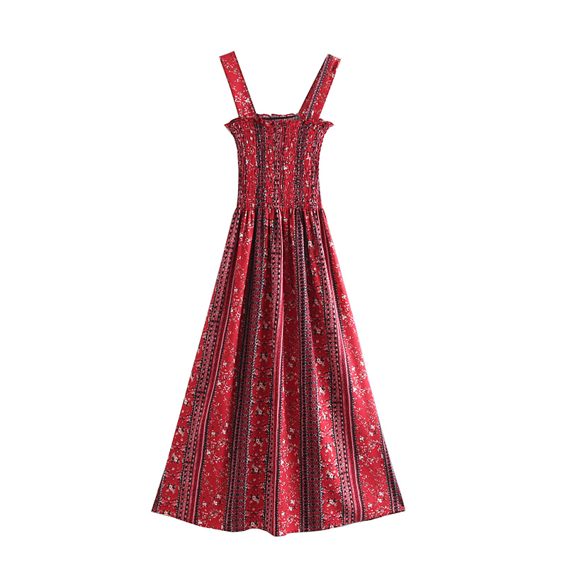 Fashion Red Contrast Printed Strap Dress,Long Dress