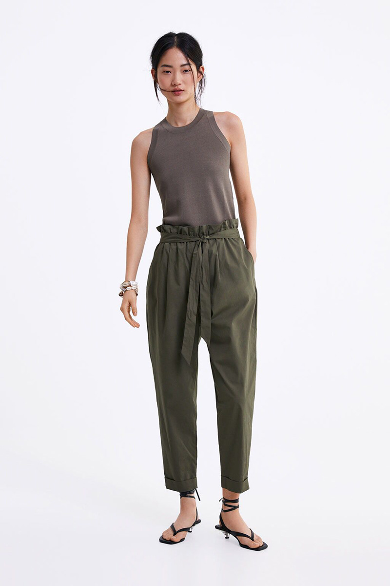 Fashion Armygreen Bow Poplin Trousers,Pants