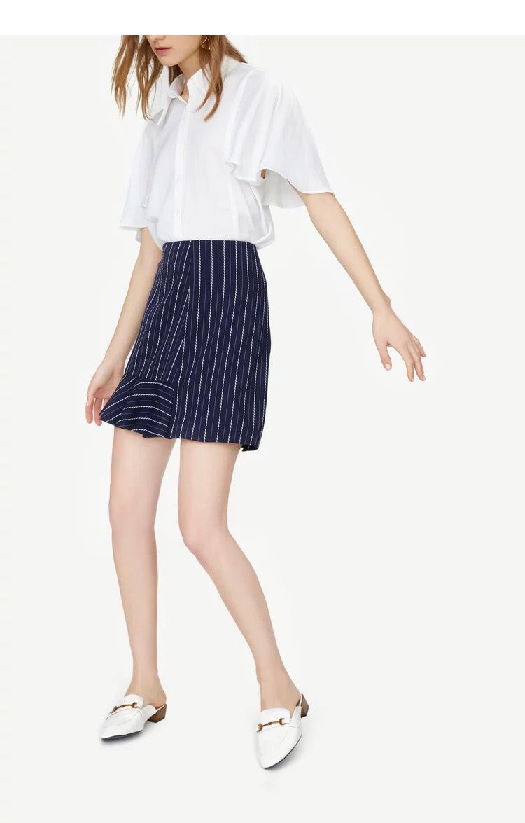 Fashion Navy Asymmetrical Stitching Stripe A-type Skirt,Skirts