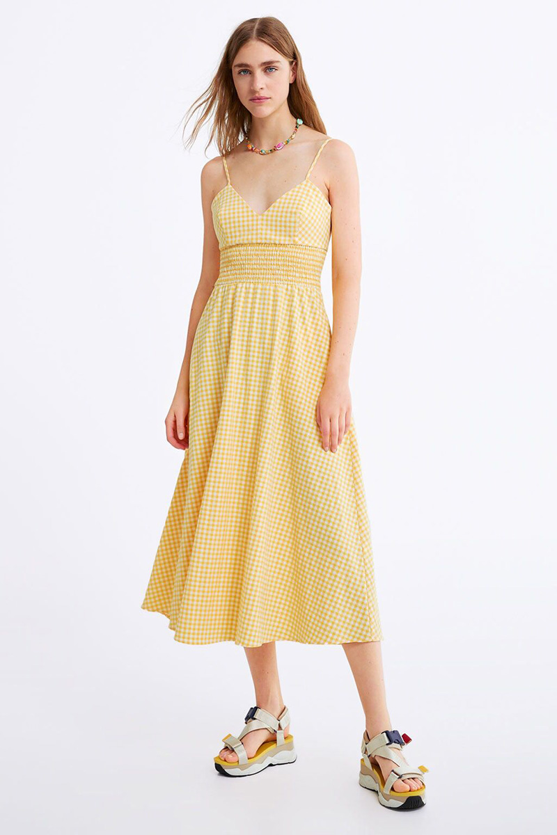 Fashion Yellow Plaid Dress,Long Dress