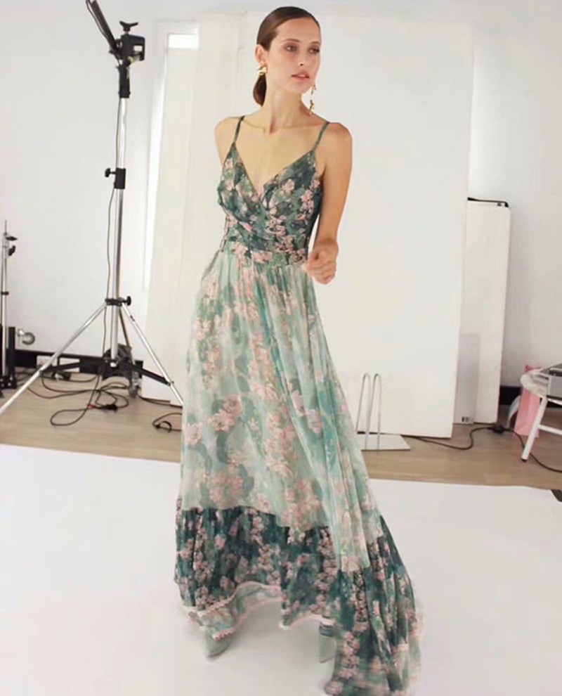 Fashion Green Lace Floral Dress,Long Dress