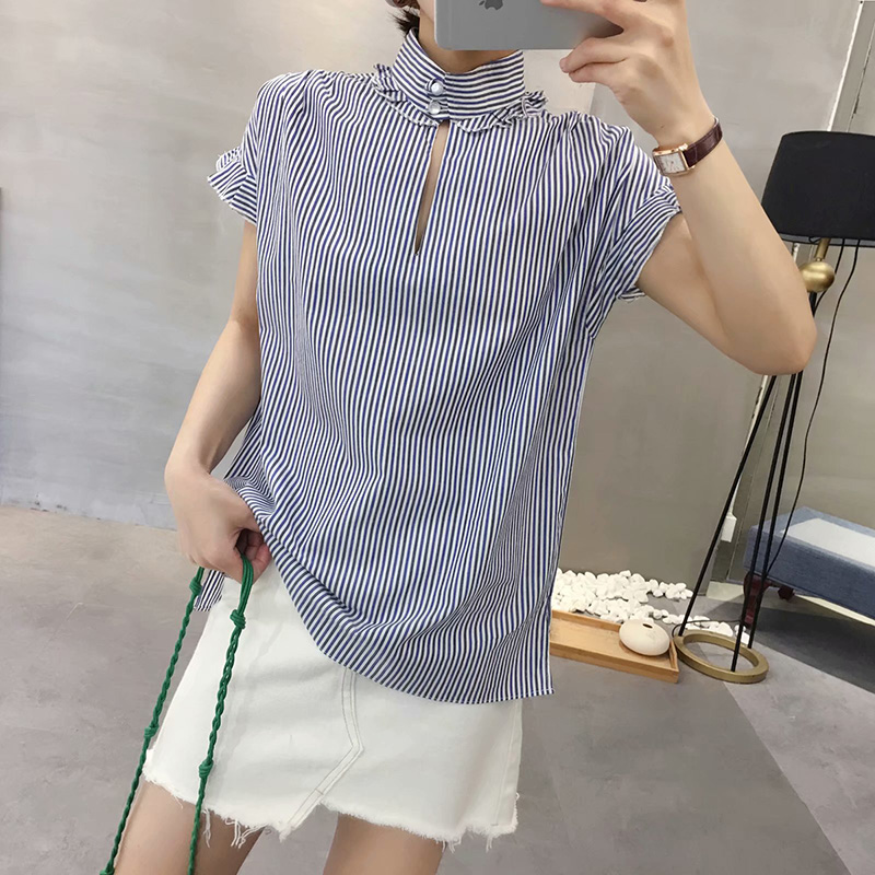 Fashion Blue Color Strips Full Cotton Side Short Sleeves,Tank Tops & Camis