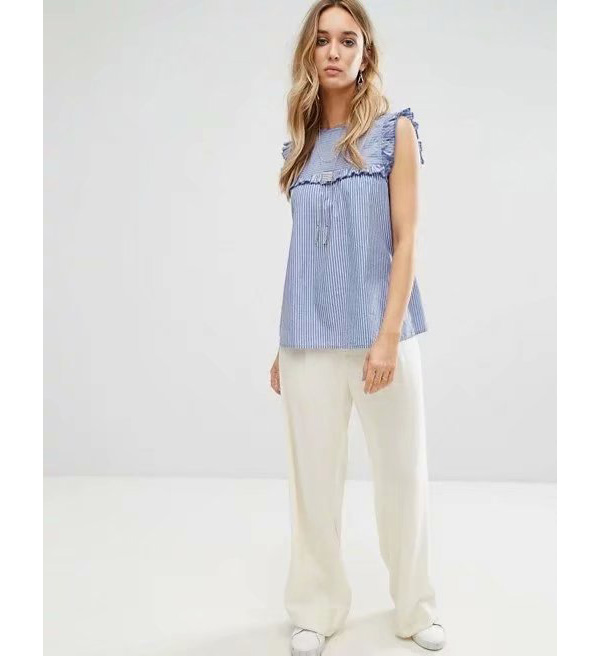 Fashion Blue Fungus Lace Striped Cotton Vest Top,Tank Tops & Camis