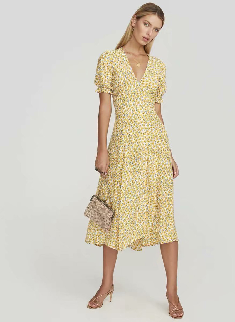 Fashion Yellow Yellow Flower Tea Skirt,Long Dress