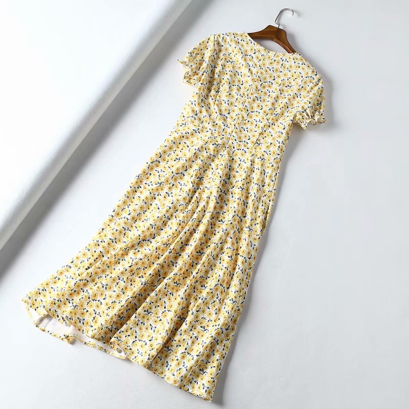 Fashion Yellow Yellow Flower Tea Skirt,Long Dress