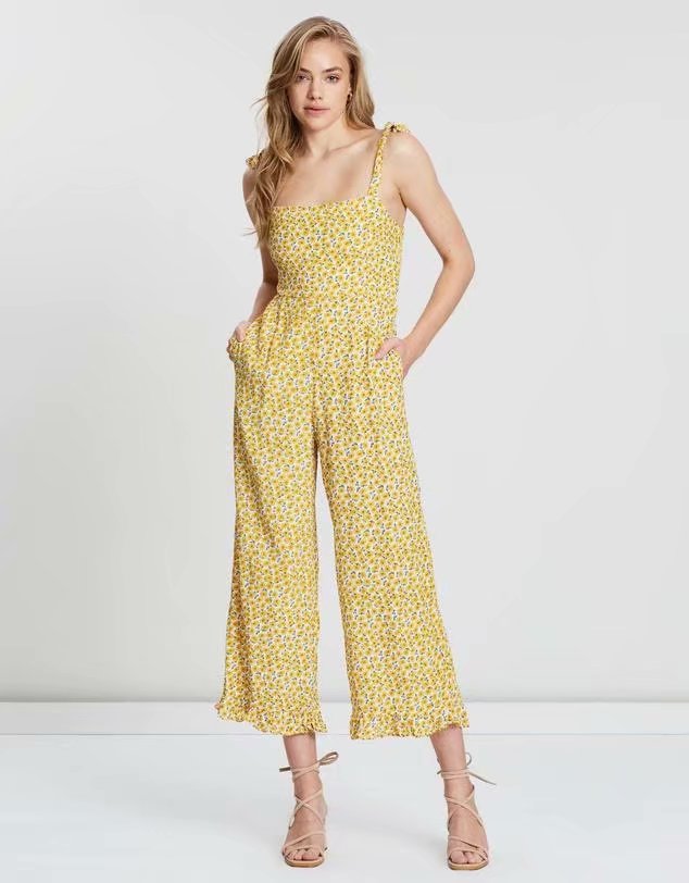 Fashion Yellow Yellow Flower Elastic Jumpsuit,Pants