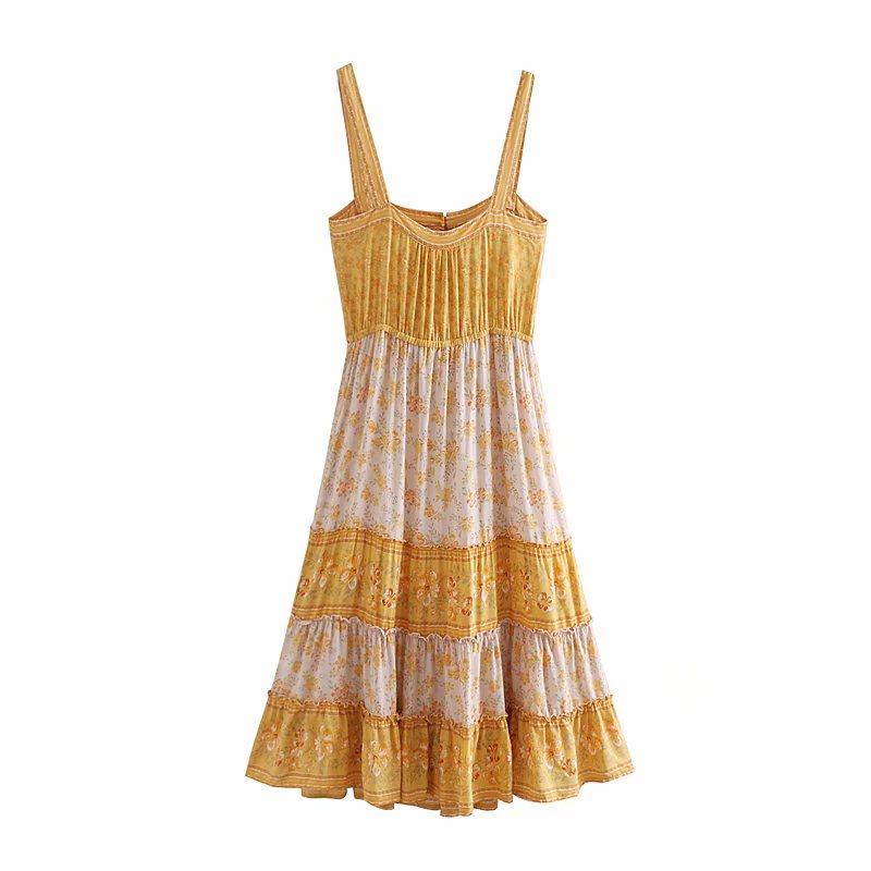 Fashion Yellow Lace Contrast Print Dress,Long Dress