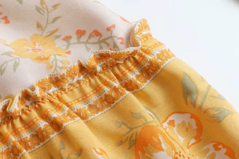 Fashion Yellow Lace Contrast Print Dress,Long Dress