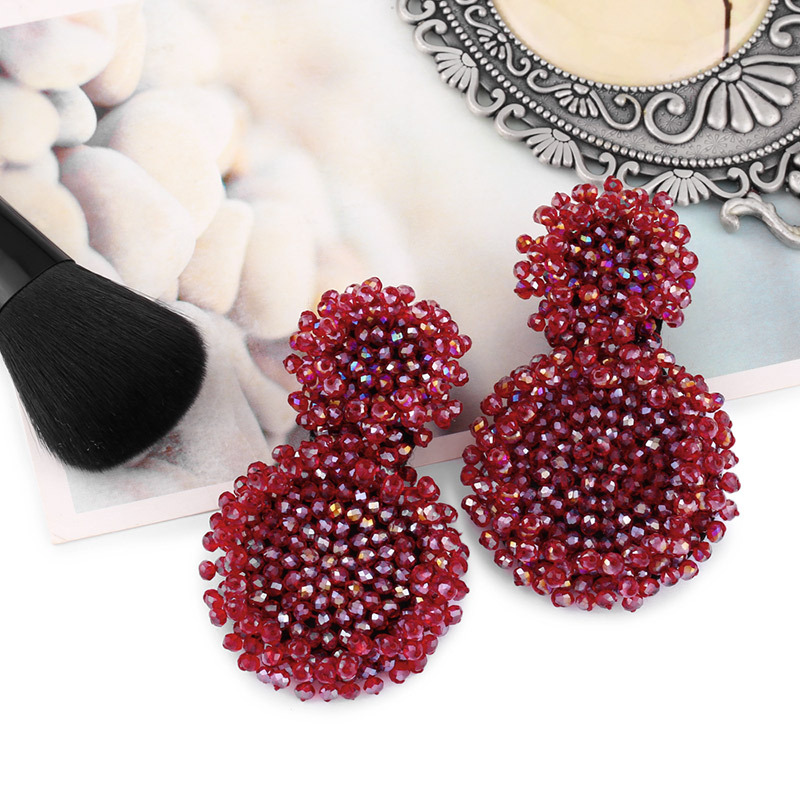 Fashion Wine Red Crystal Rice Beads Woven Stitched Earrings,Drop Earrings