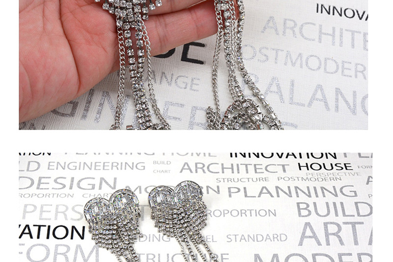 Fashion Silver Ear Clip Diamond-studded Tassel Earrings,Clip & Cuff Earrings
