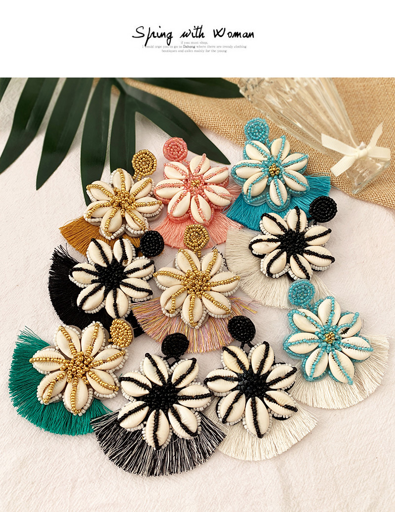 Fashion Black + White Rice Beads Shell Flower Tassel Earrings,Drop Earrings