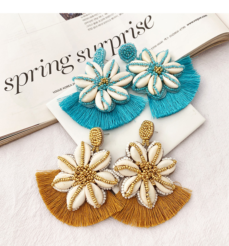 Fashion White + Blue Rice Beads Shell Flower Tassel Earrings,Drop Earrings