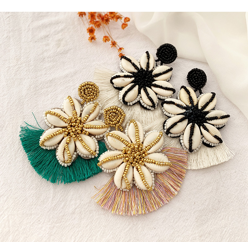 Fashion Black + White Rice Beads Shell Flower Tassel Earrings,Drop Earrings