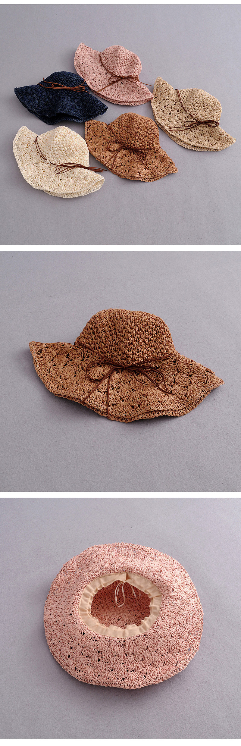 Fashion Beige Bow Pineapple Pattern Foldable Straw Hat,Sun Hats
