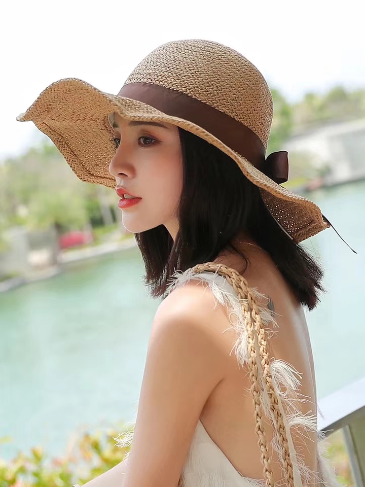 Fashion Beige Ribbon Bow Straw Hat,Sun Hats