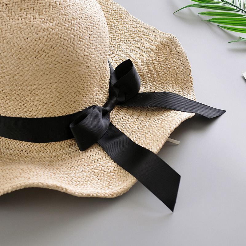 Fashion Beige Ribbon Bow Straw Hat,Sun Hats
