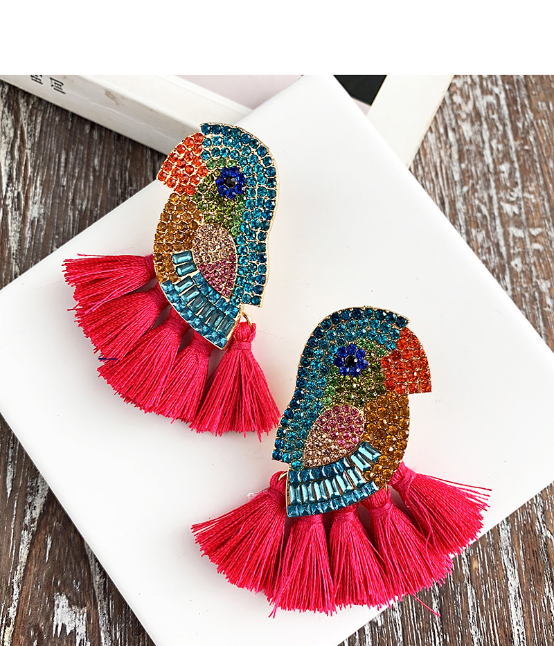 Fashion Rose Red Alloy-studded Parrot Tassel Earrings,Drop Earrings