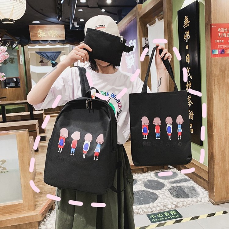 Fashion Black Cartoon Printed Canvas Backpack Three-piece Suit,Backpack