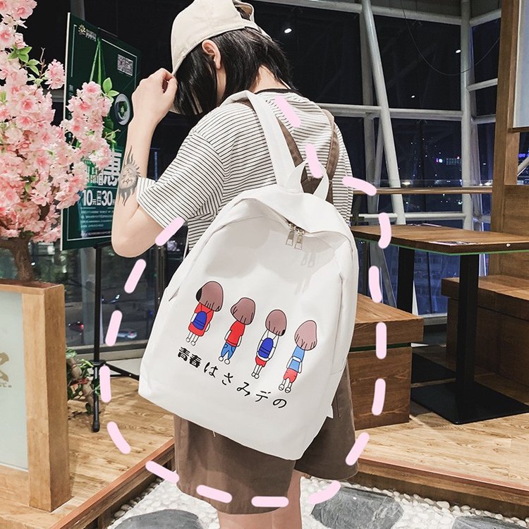 Fashion White Cartoon Printed Canvas Backpack Three-piece Suit,Backpack