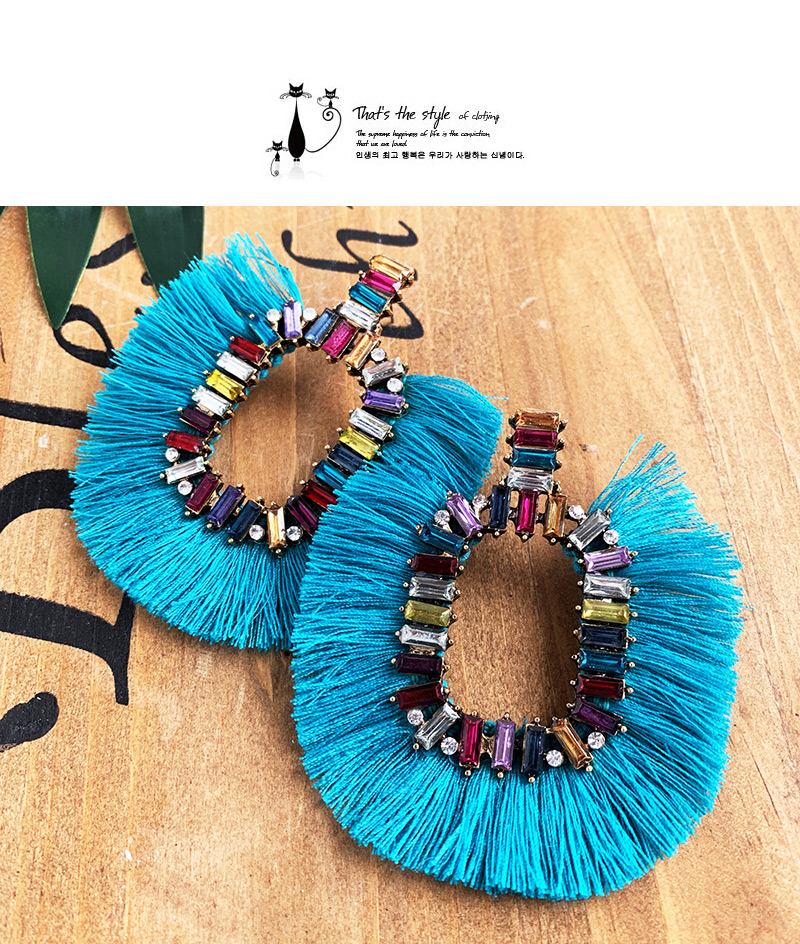 Fashion Blue Alloy-studded Square Tassel Earrings,Drop Earrings