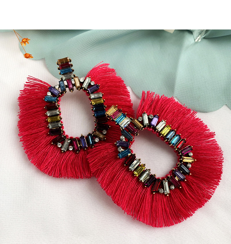 Fashion Pink Alloy-studded Square Tassel Earrings,Drop Earrings