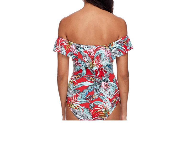 Fashion Red Print Printed One-shoulder Ruffled One-piece Swimsuit,One Pieces