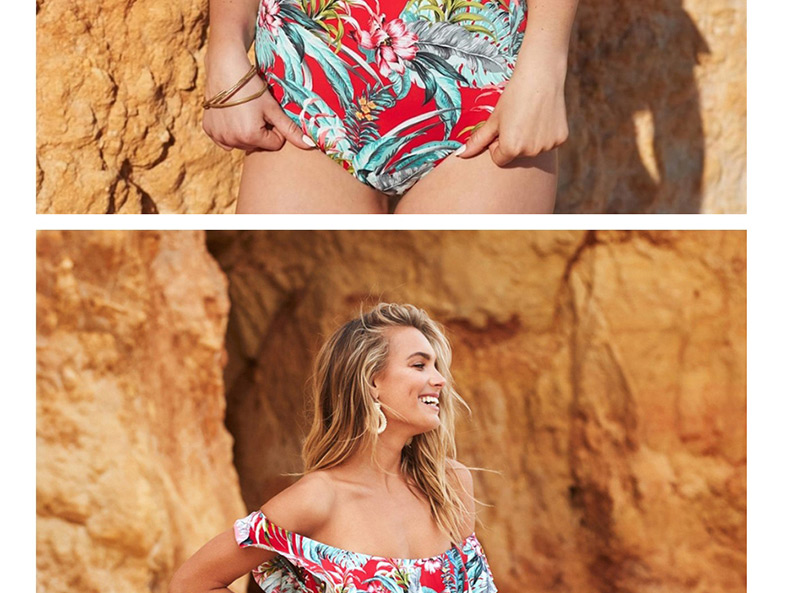 Fashion Red Print Printed One-shoulder Ruffled One-piece Swimsuit,One Pieces