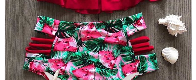 Fashion Green Flower High-waisted Shoulder Ruffled Printed Bikini,Bikini Sets