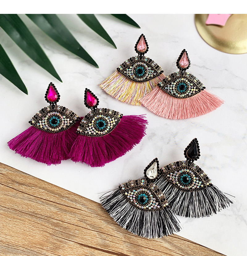 Fashion Leather Pink Alloy Studded Eye Tassel Earrings,Drop Earrings