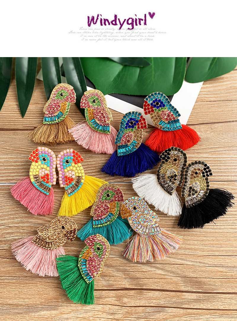 Fashion Pink Alloy Diamond-studded Bird Tassel Earrings,Drop Earrings