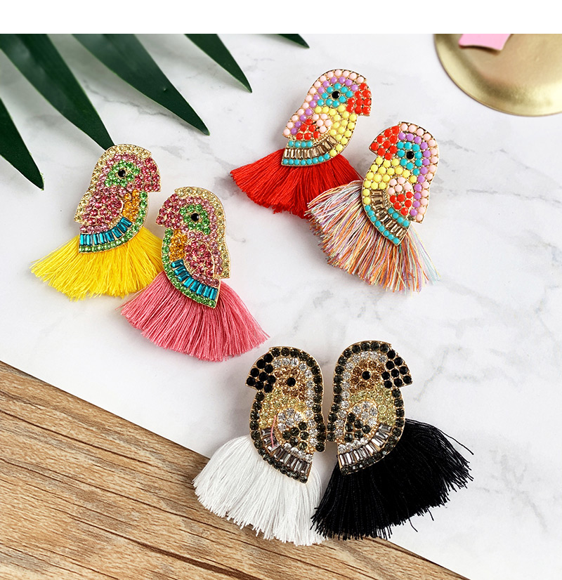 Fashion Leather Pink Alloy Diamond-studded Bird Tassel Earrings,Drop Earrings