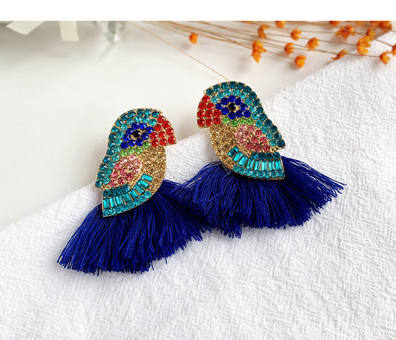 Fashion Lake Blue Alloy Diamond-studded Bird Tassel Earrings,Drop Earrings