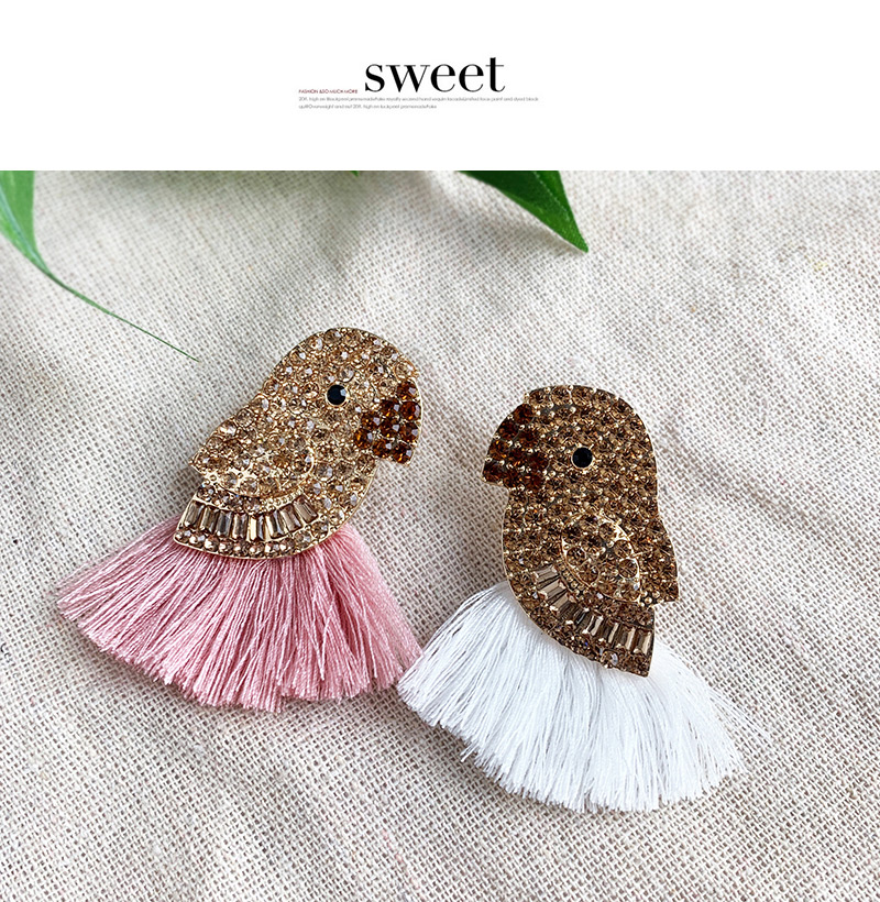 Fashion Leather Pink Alloy Diamond-studded Bird Tassel Earrings,Drop Earrings