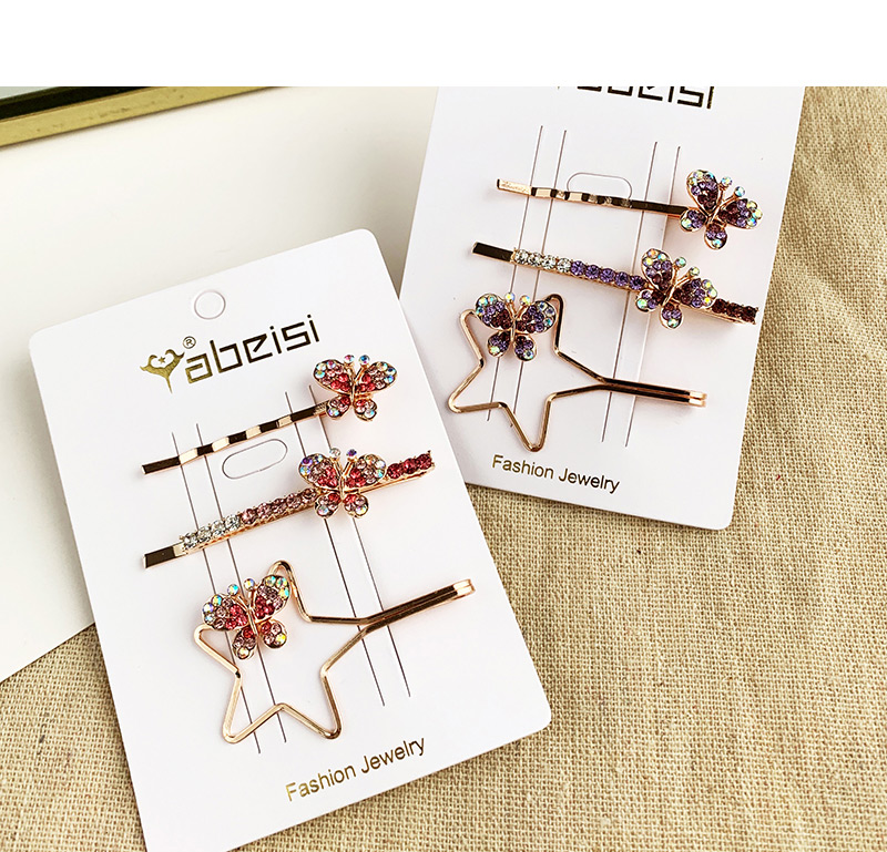 Fashion Purple Alloy Pentagram Butterfly Diamond Hair Clip Set,Hairpins