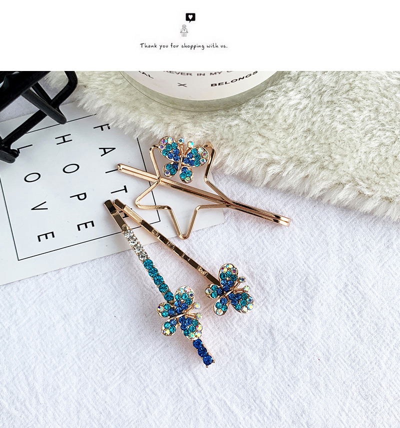 Fashion Blue Alloy Pentagram Butterfly Diamond Hair Clip Set,Hairpins