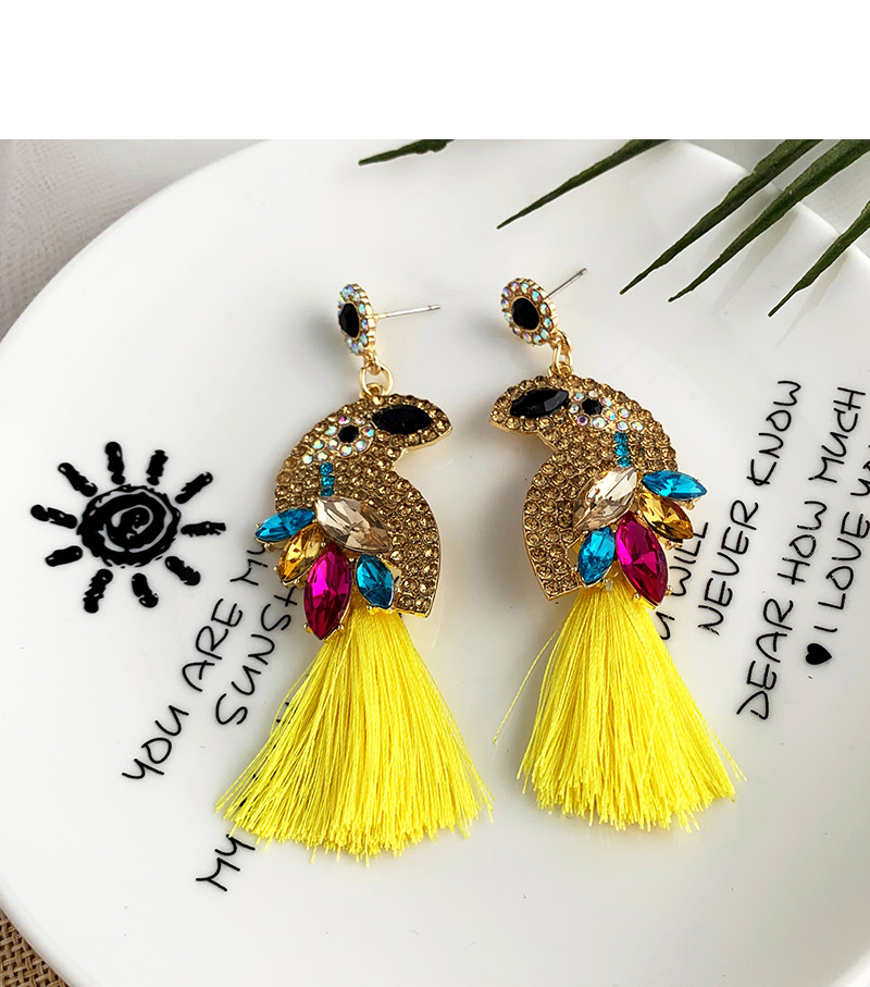 Fashion Yellow Alloy Diamond-studded Bird Tassel Earrings,Drop Earrings