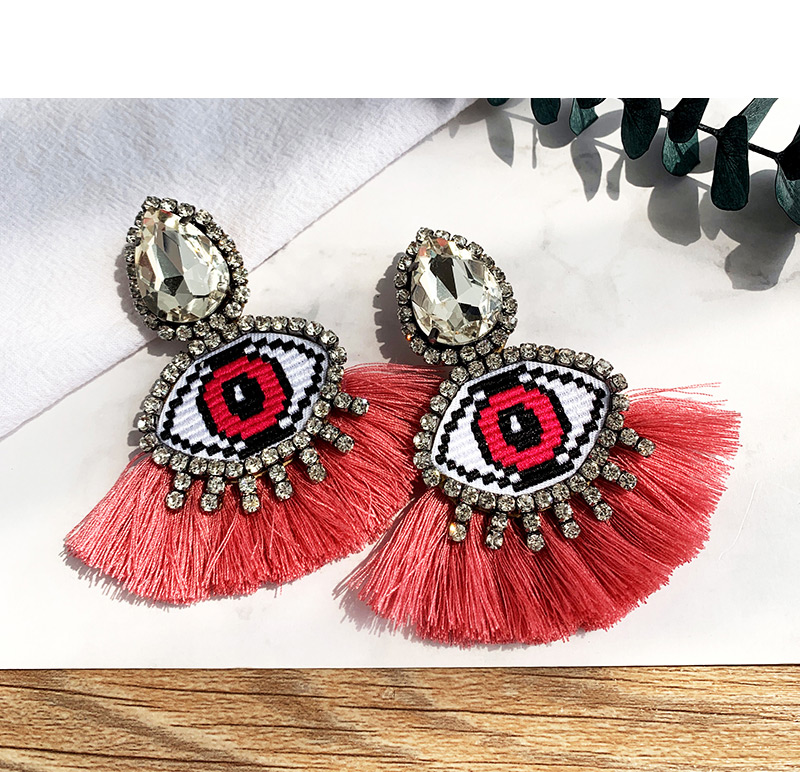 Fashion Rose Red Alloy Studded Eye Tassel Earrings,Drop Earrings