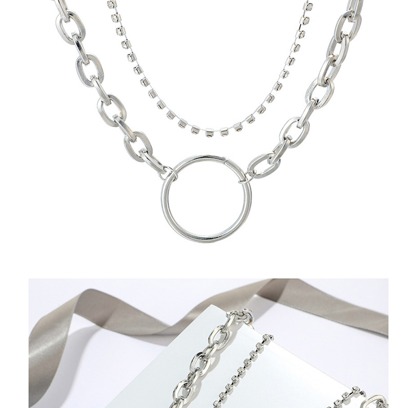 Fashion Silver Chain Square Diamond Large Circle Multilayer Alloy Necklace,Multi Strand Necklaces