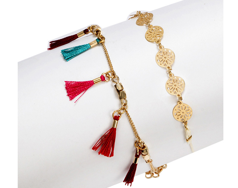 Fashion Color Hollow Round Rice Beads Fringed Double Alloy Anklet,Beaded Bracelet