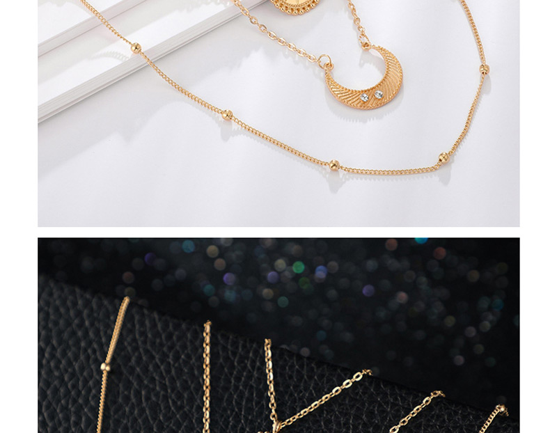 Fashion Gold Round Bead Sun Moon Three Layer Alloy Necklace,Multi Strand Necklaces