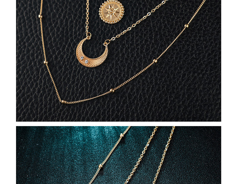 Fashion Gold Round Bead Sun Moon Three Layer Alloy Necklace,Multi Strand Necklaces