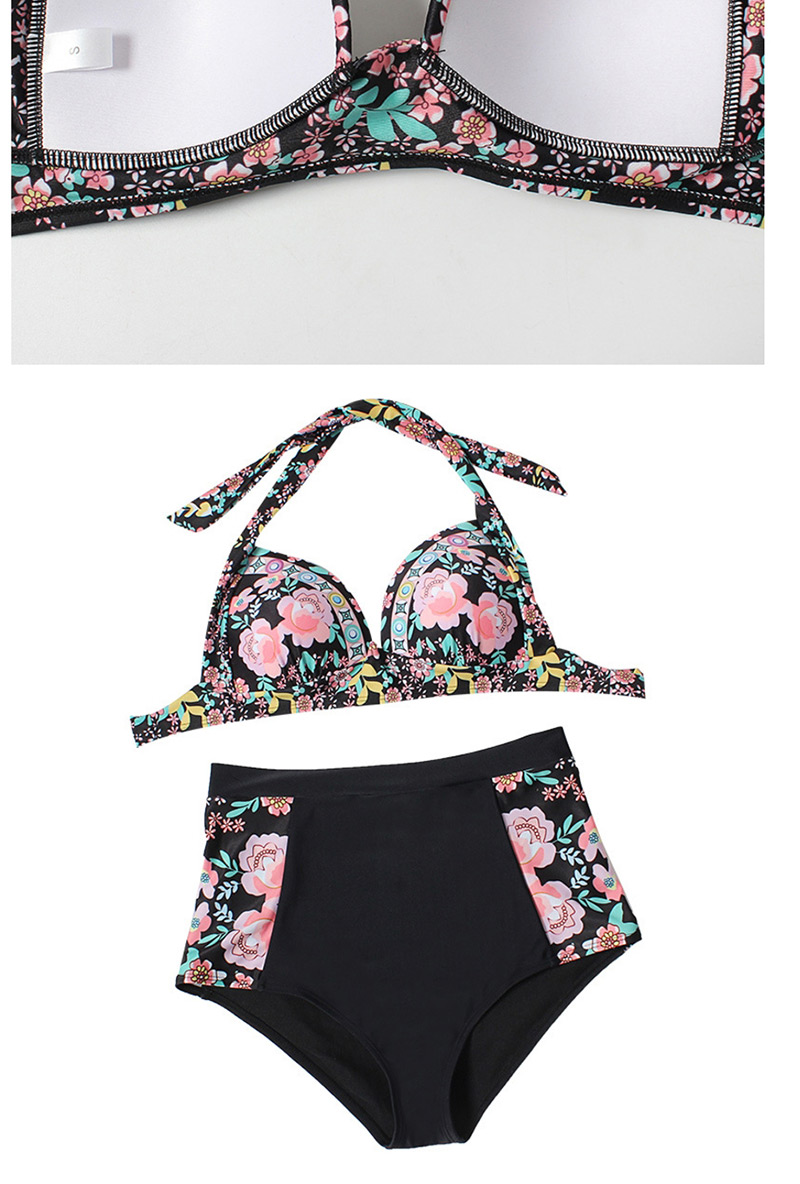 Fashion Black Floral High Waist Split Swimsuit,Bikini Sets
