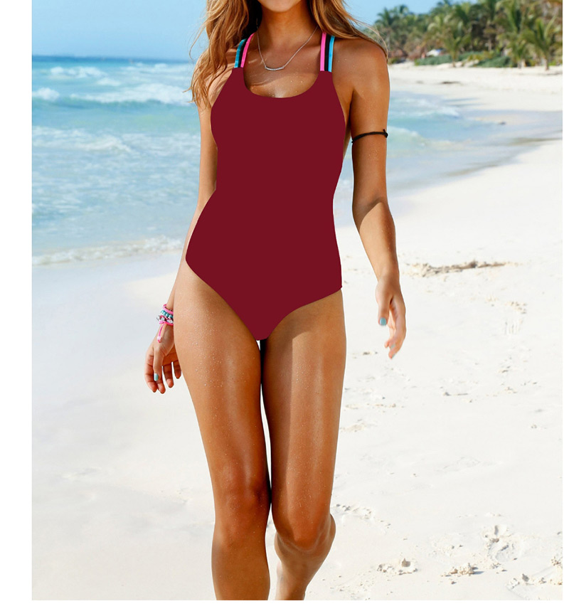 Fashion Wine Red Color Rope One-piece Swimsuit,One Pieces