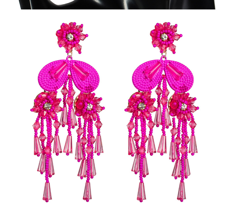 Fashion Red Acrylic Crystal Rice Beads Flower Tassel Earrings,Drop Earrings