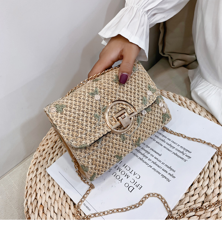 Fashion Khaki One-shoulder Chain Bag Straw Straw Small Square Bag,Messenger bags