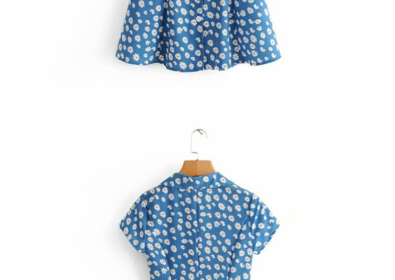 Fashion Blue Daisy Printed Suit Single Breasted Dress,Mini & Short Dresses