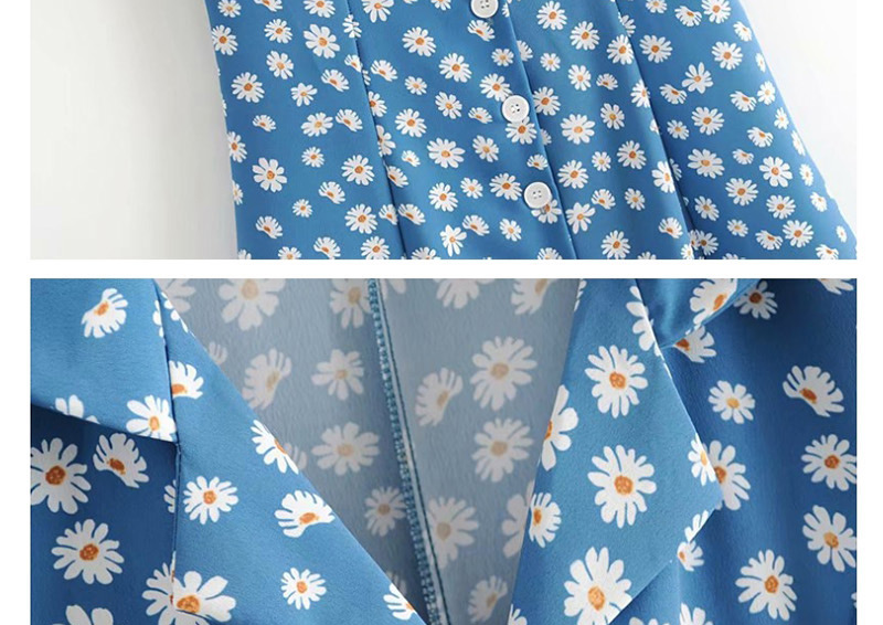 Fashion Blue Daisy Printed Suit Single Breasted Dress,Mini & Short Dresses